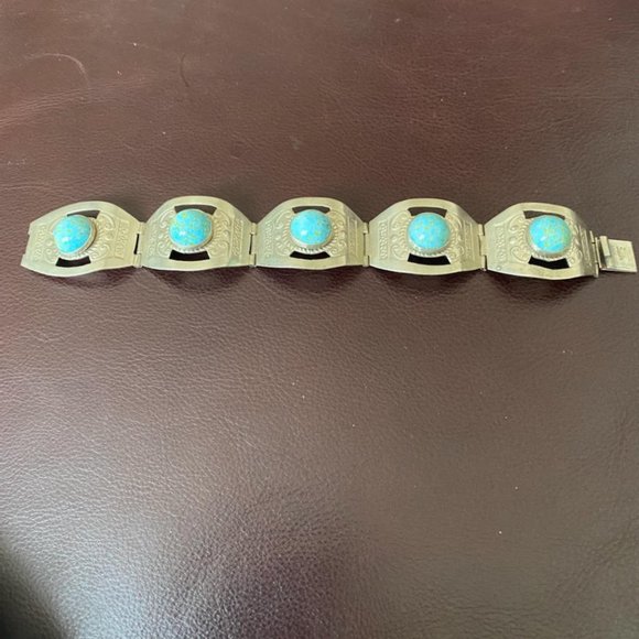 VINTAGE STERLING SILVER & BLUE STONE BRACELET - Picture 1 of 5